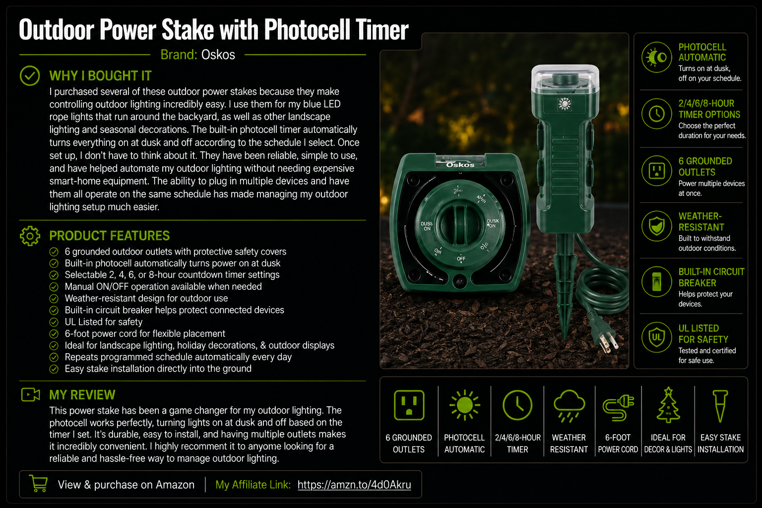 OSKOS Outdoor Power Stake with Photocell Timer