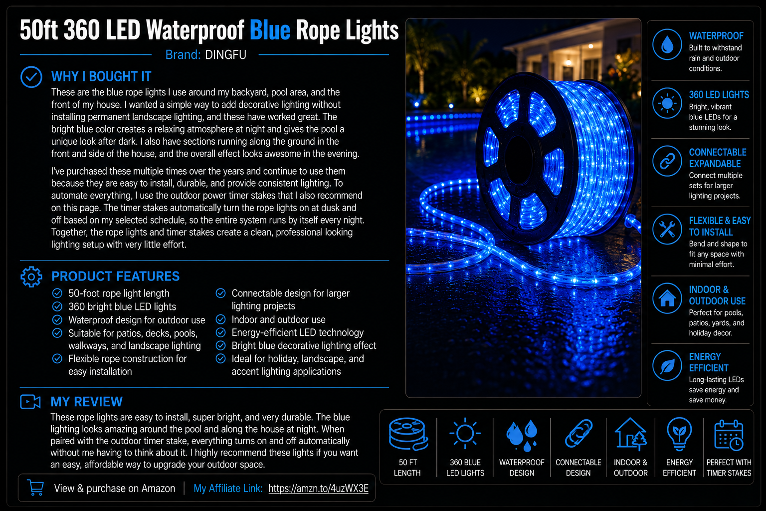 50ft 360 LED Waterproof Blue Rope Lights