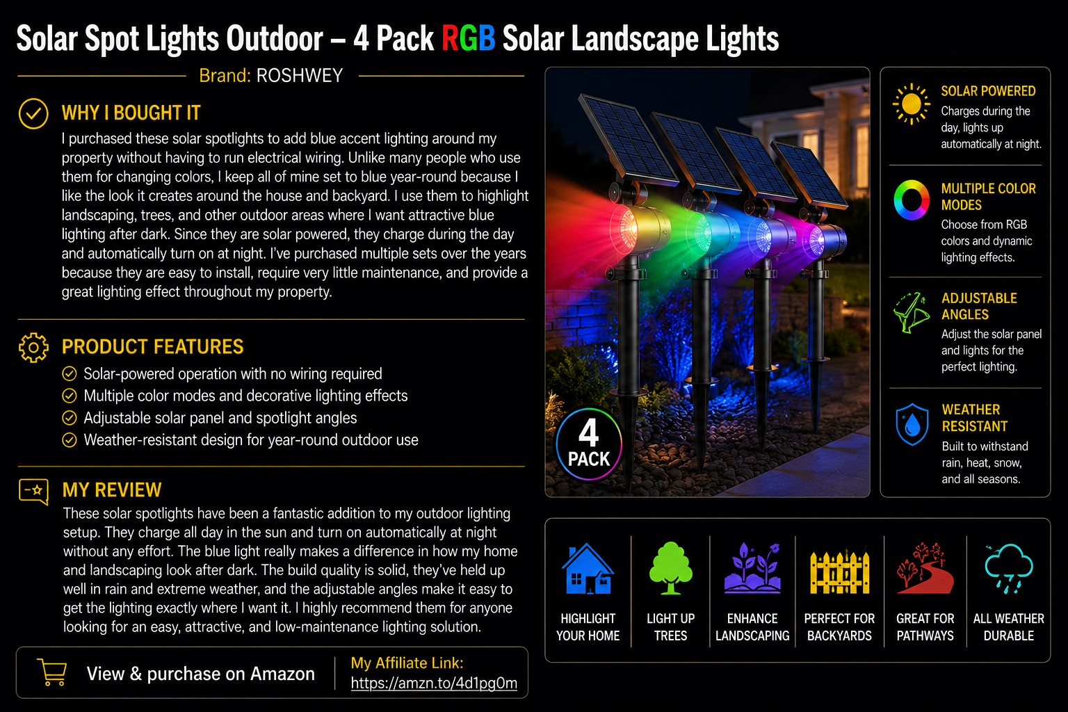 Solar Spot Lights Outdoor – 4 Pack RGB Solar Landscape Lights