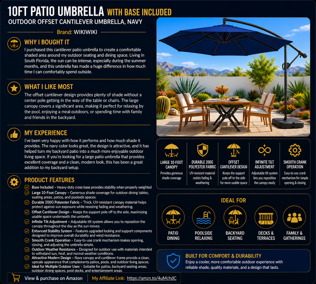 10ft Patio Umbrella with Base Included, Outdoor Offset Cantilever Umbrella, Navy