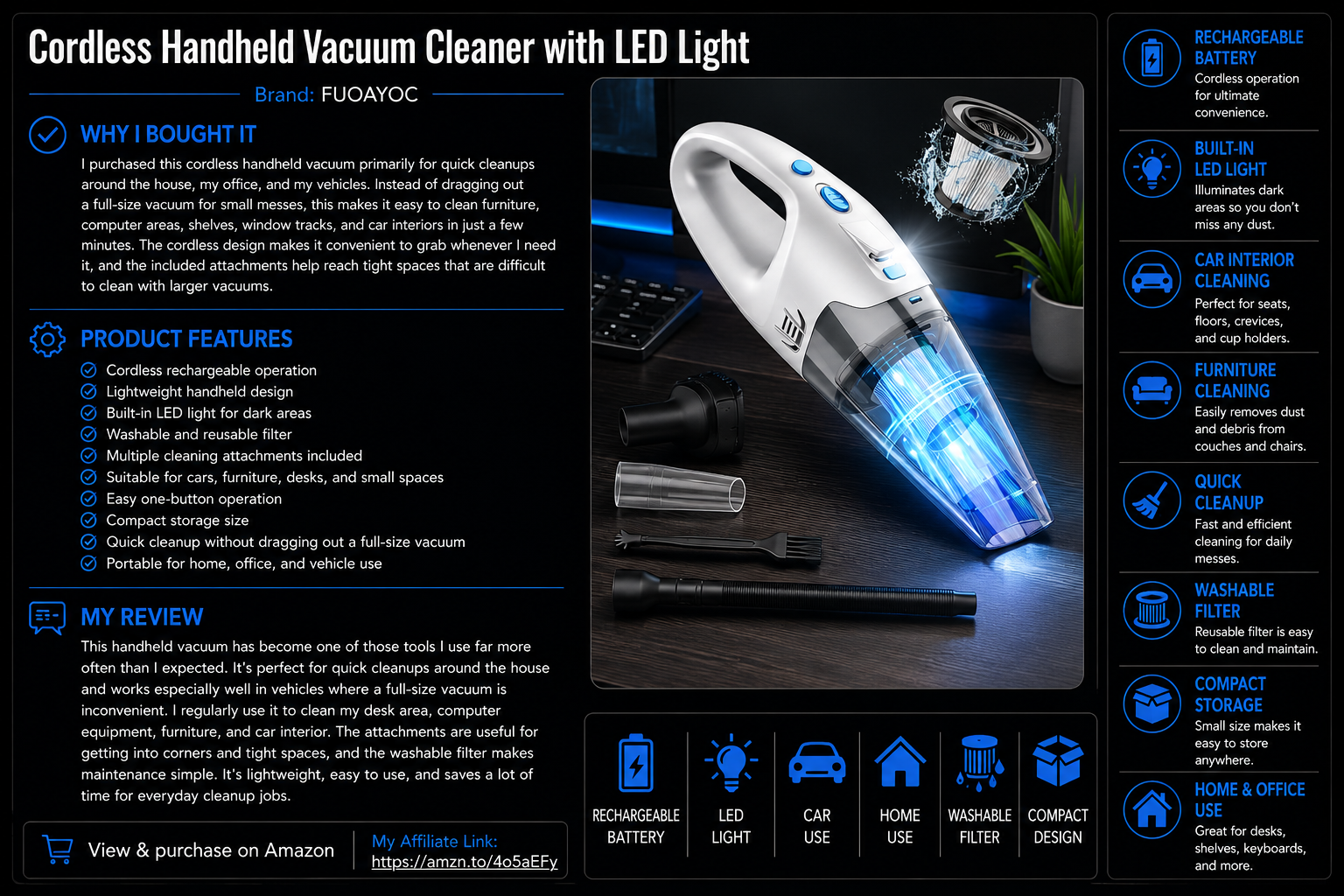 Cordless Handheld Vacuum Cleaner with LED Light