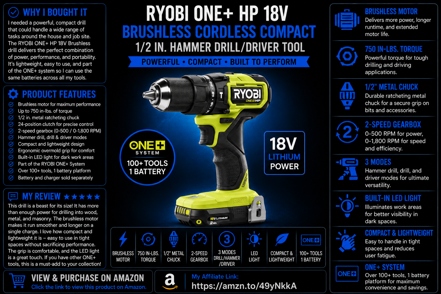 RYOBI ONEAND HP 18V BRUSHLESS Cordless Compact 1/2 in. Hammer Drill/Driver Tool ONLY PSBH