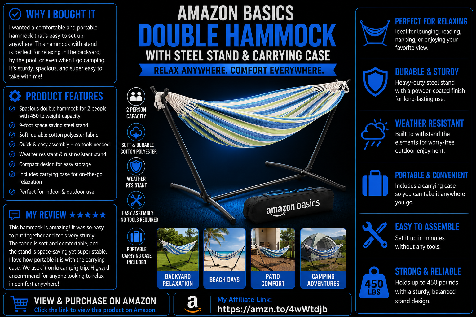 Amazon Basics Double Hammock with 9-Foot Space Saving Steel Stand and Carrying Case, 2 Person