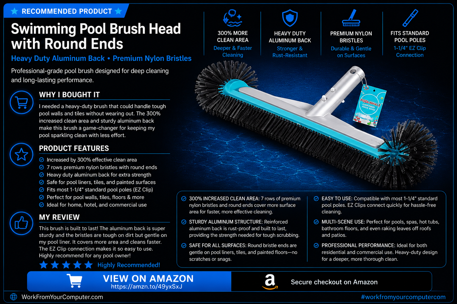 Swimming Pool Brush Head with Round Ends,17.5"