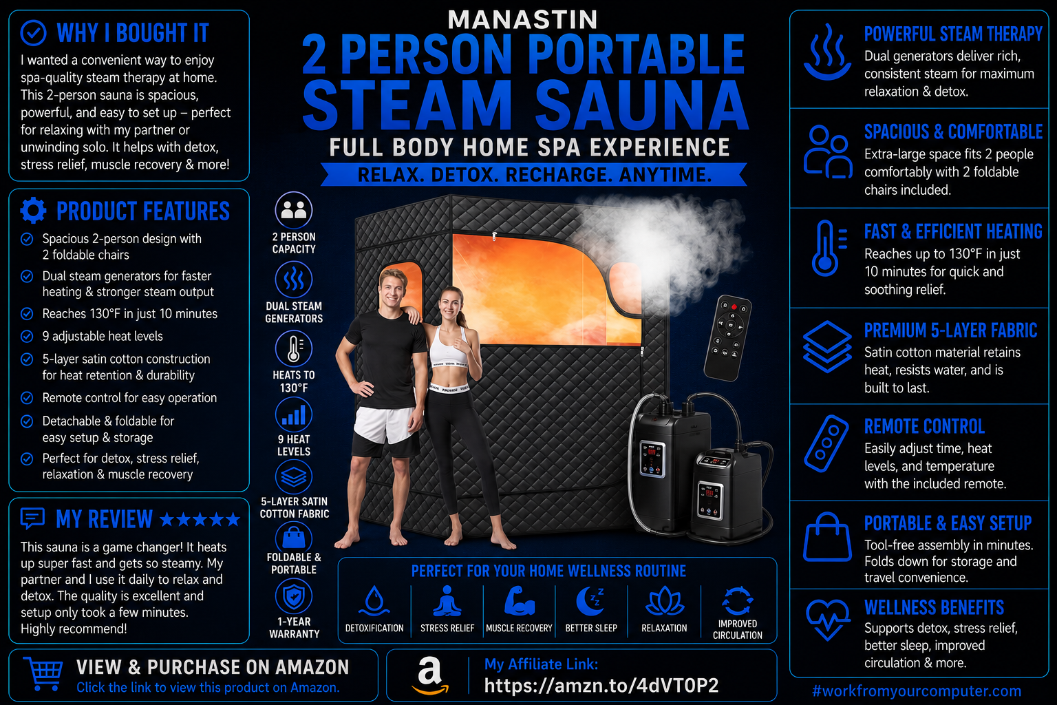 Manastin 2 Person Portable Steam Sauna for Home