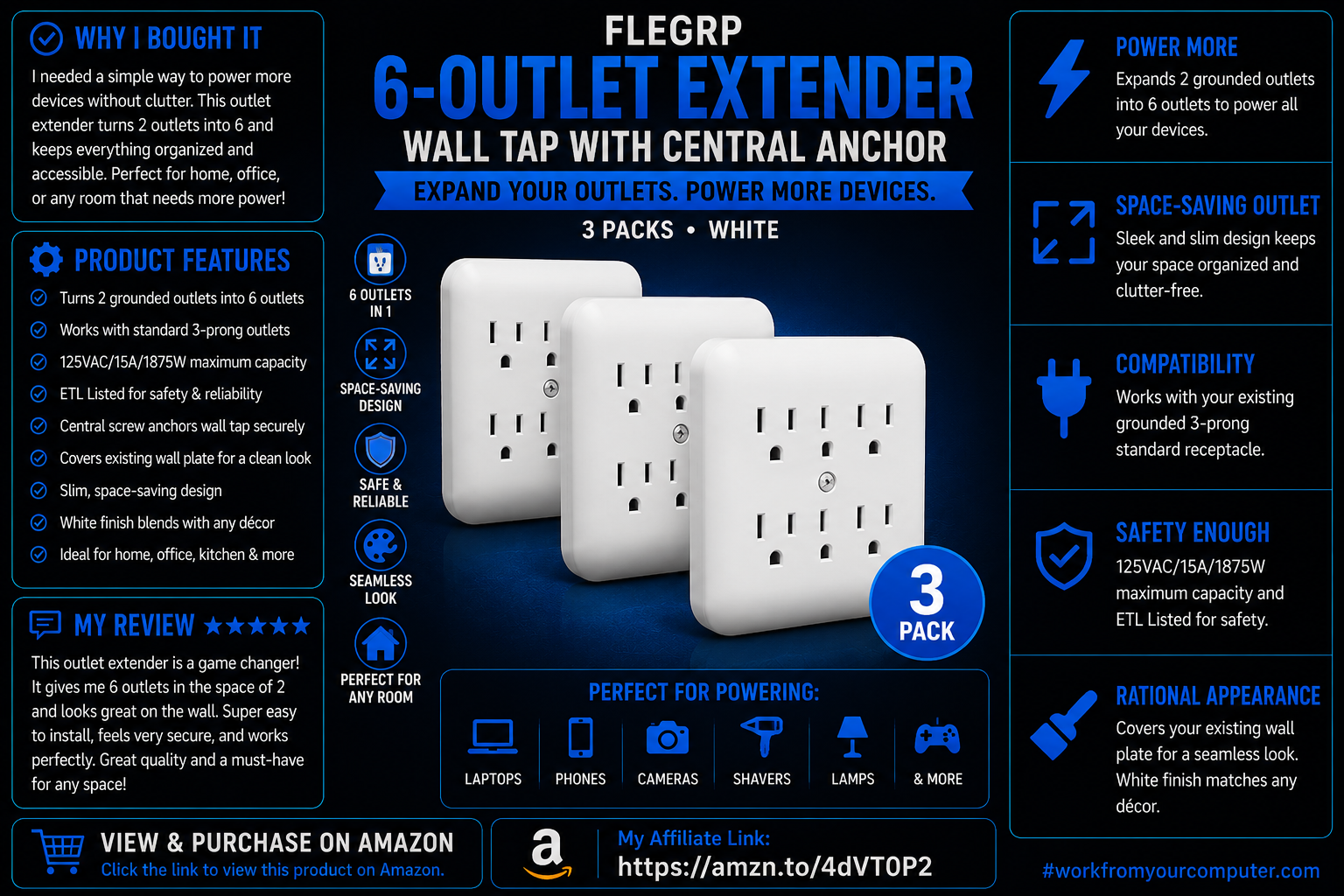 ELEGRP 6-Outlet Extender with Central Anchor, 3-Prong Grounded Wall Tab