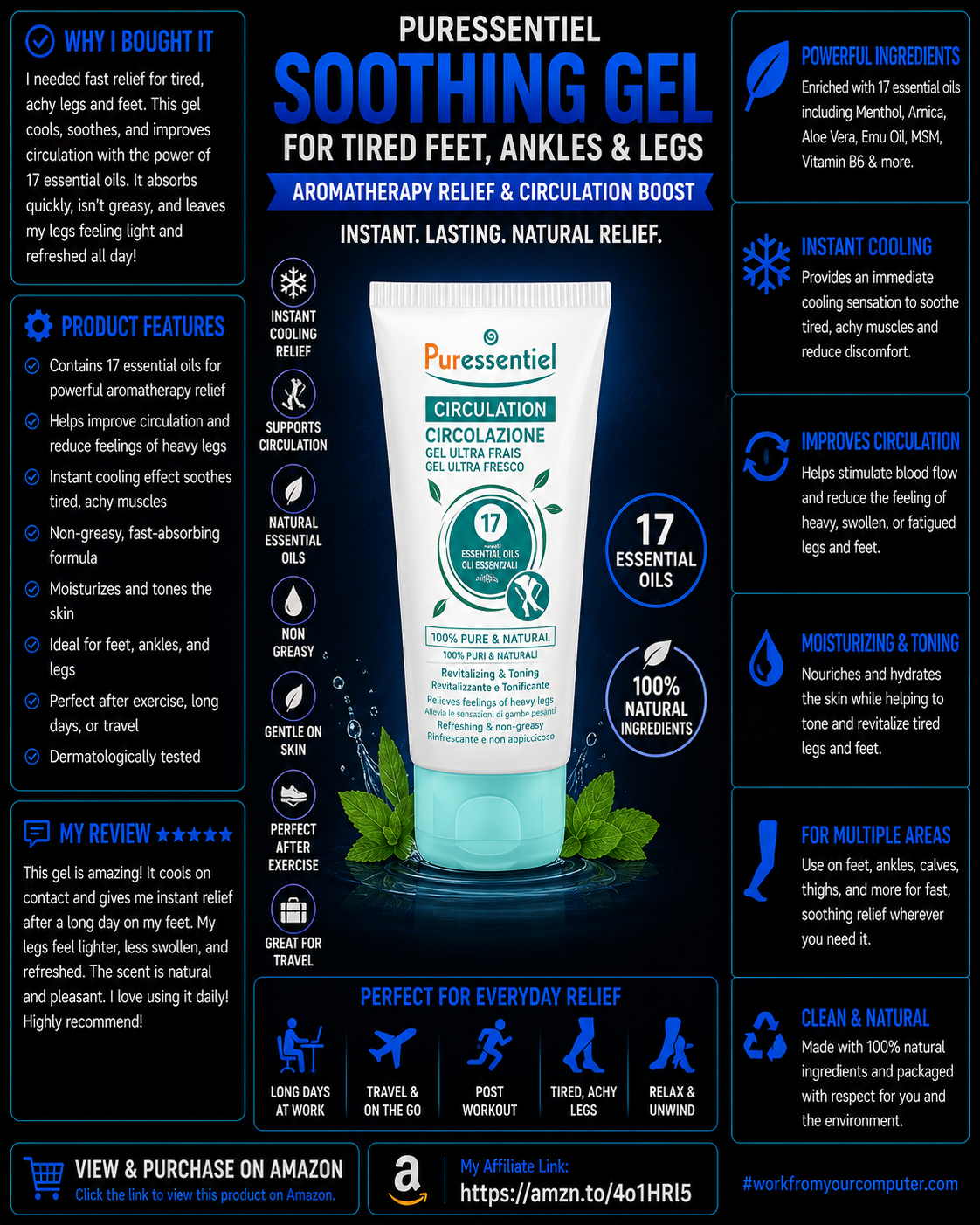 Puressentiel Soothing Gel for Tired Feet, Ankles, Legs - Aromatherapy Lotion