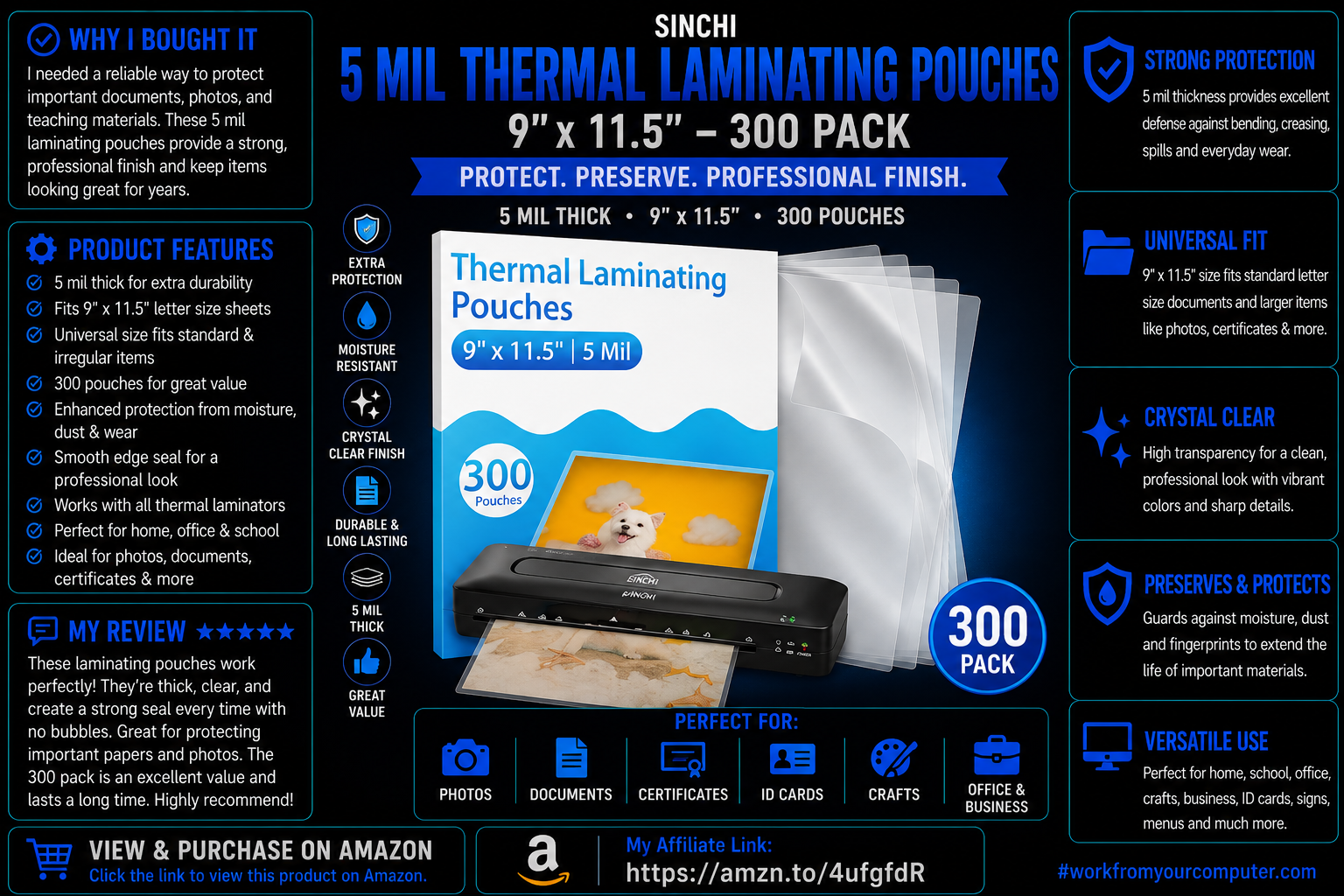 Clear Thermal Laminating Pouches – 9 x 11.5 Inch, 5 mil Thick (300 Pack)