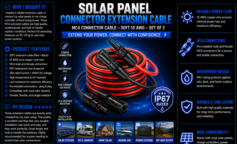 Mc4 Connector Extension Cable(30 Ft/10 AWG)