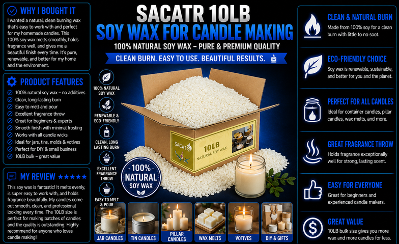 SACATR 10LB Soy Wax for Candle Making, 100% Soy Wax - Natural Candle Wax