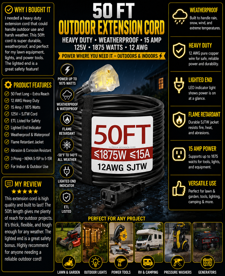 50 FT 12 Gauge Extension Cord Outdoor