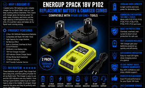 Energup 2Pack 18Volt P102 Replace for Ryobi 18V Batteries and Charger Combo