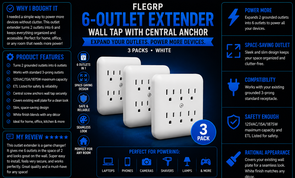 ELEGRP 6-Outlet Extender with Central Anchor, 3-Prong Grounded Wall Tab