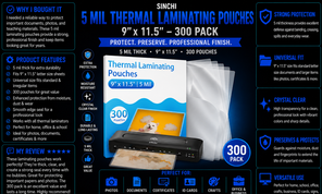 Clear Thermal Laminating Pouches – 9 x 11.5 Inch, 5 mil Thick (300 Pack)