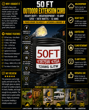 50 FT 12 Gauge Extension Cord Outdoor